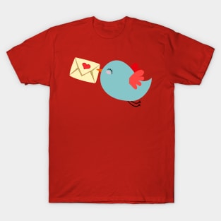 Blue bird with mail heart romantic social media tweet red wings email T-Shirt